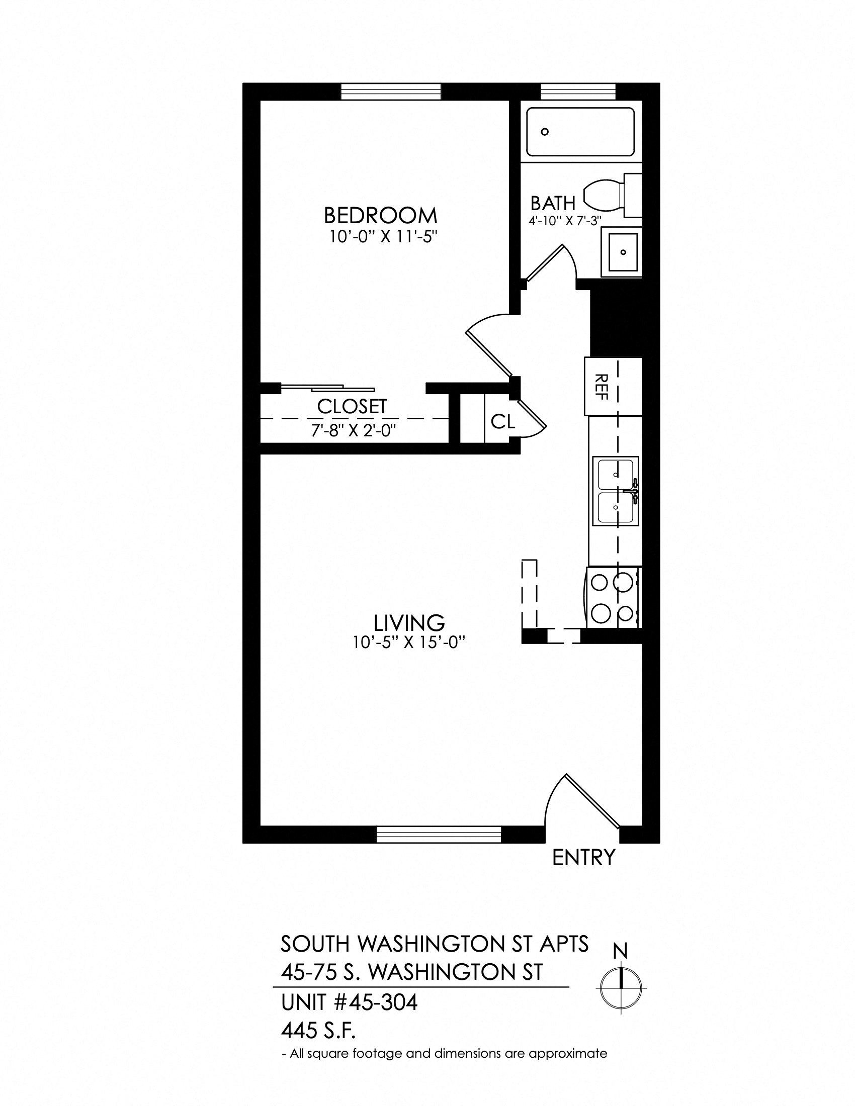 Floor plan for 1 bed, 1 bath, 540 sqft